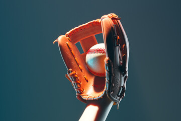 Close-up of a Weathered Leather Baseball Glove Catching a Ball on Blue