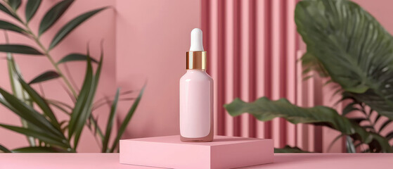 Peach fuzz, pastel cosmetic mockup. Banner with cream jar, container, serum bottle, flowers and leaf. Skin Care beauty concept. Showcase for product presentation. Ads background. Generative ai