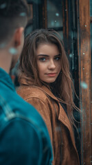 Obraz premium A digital photo of maximum quality of a man passing by a beautiful girl. be sure to leave room for text in the background