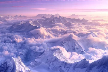 Schilderijen op glas An endless sea of clouds, snow-capped mountains visible in front, and a blue-purple color at dusk. Sunlight shines on the snowy mountain peaks. Majestic landscape concept. © omune