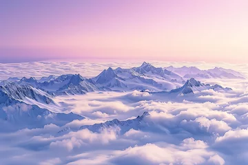 Foto auf Alu-Dibond An endless sea of clouds, snow-capped mountains visible in front, and a blue-purple color at dusk. Sunlight shines on the snowy mountain peaks. Majestic landscape concept. © omune
