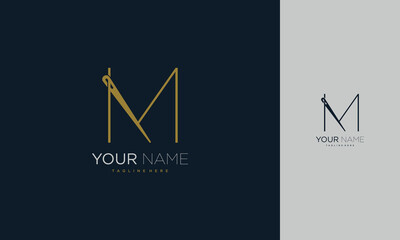 Initial letter M sewing logo formed from thread and needle with gold colour