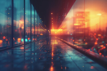 blurred abstract background inside a glass building with panoramic windows in perspective against the background of evening sunset and city lights, business concept
