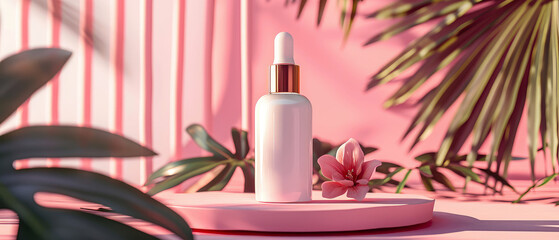 Pink pastel cosmetic mockup. Banner with cream jar, container, serum bottle, flowers and leaf. Skin Care beauty concept. Showcase for product presentation. Ads background. Generative ai	