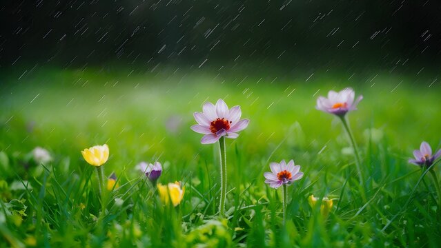 Photo Macro background of small plants and flowers under abstract rain