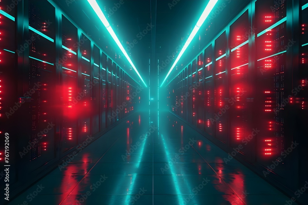 Poster futuristic data center: illuminated with modern cyber security and cloud networking technology. conc