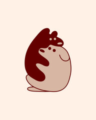 Hugs illustration in red and brown color. Animals hug each other. Minimalism