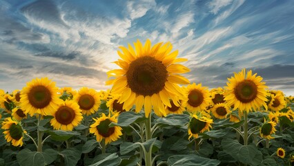 Pic Artistic depiction of sunflowers under a vast cloudy sky