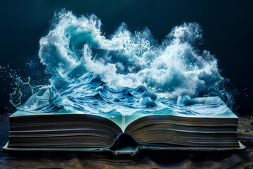 A book, the pages appearing to turn into waves, symbolizing a sea voyage narrative - obrazy, fototapety, plakaty