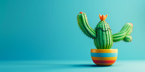 A cartoon cactus is standing in a bowl on a blue background. The cactus is smiling and he is sleeping