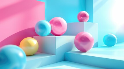 Sunny composition with colorful spheres balanced on pastel blue and pink geometric shapes.
