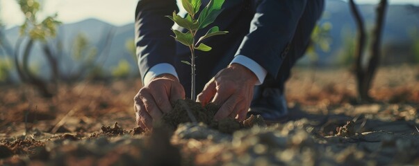 A business leader planting a tree in a deforested area, showing personal commitment to environmental restoration - obrazy, fototapety, plakaty