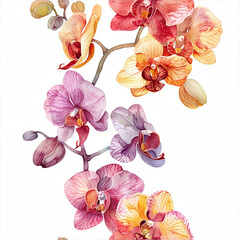 Beautiful Watercolor Tropical Orchids Seamless Pattern Swatch. Floral Design for Textiles, Wallpaper, and Packaging.	
