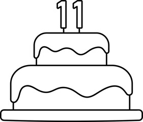 birthday cake with number one candle, 11 years party black line element