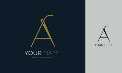 Initial letter A sewing logo formed from thread and needle with gold colour