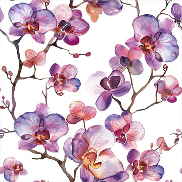 Beautiful Watercolor Tropical Orchids Seamless Pattern Swatch. Floral Design for Textiles, Wallpaper, and Packaging.	
