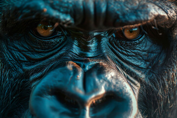 A close up of a gorilla's face with a menacing glare. Concept of danger and power, as the gorilla's eyes are wide open and staring directly at the viewer. The dark color of the gorilla's fur - obrazy, fototapety, plakaty