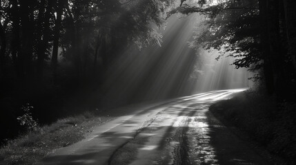 A secluded rural country road winds through dense forest in a black and white photo, with god rays...