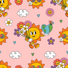 seamless pattern with cute sun, earth, flowers, clouds