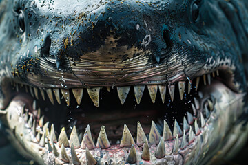 A megalodon mouth is open, revealing its teeth. Concept of danger and fear, as the shark's mouth is wide open and ready to attack. The teeth are sharp and menacing