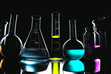 Vibrant Chemicals in Laboratory Glassware on a Reflective Surface for Research