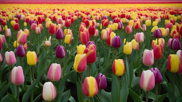 Picture Colorful tulip flowers create pattern on spring garden background texture