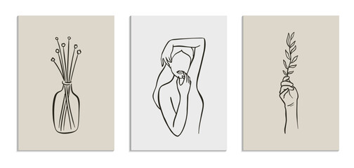 Set of posters template with minimalistic female figure. Linear female body and floral elements. Modern abstract line art style. Minimal wall art. Vector illustration. 