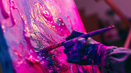 Painter's hand applying vivid pink and purple hues to a textured canvas