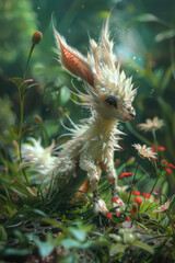 A quadrupedal critter with hooves resembling delicate flower petals. It grazes on dew-kissed grass and communicates with others through melodic chirps ,cute creatures collection - obrazy, fototapety, plakaty