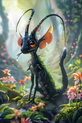 A quadrupedal creature with hooves resembling flower petals. It grazes on dew-kissed grass and can communicate with other Petalhoofs through melodious chirps, cute creatures collection - obrazy, fototapety, plakaty