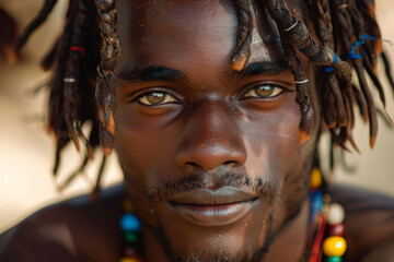 A man with dreadlocks and a green eye stares at the camera. The man's face is covered in beads and his hair is braided