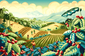 A scene depicting farmers growing coffee beans under fair labor conditions, promoting ethical consumption