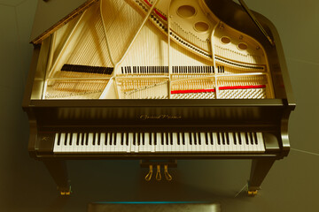 Intricate Details of a Grand Piano's Internal Strings and Hammers