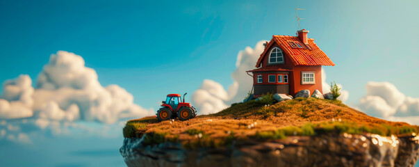 A small house and tractor on top of an island made out of brown grass in the middle of space,