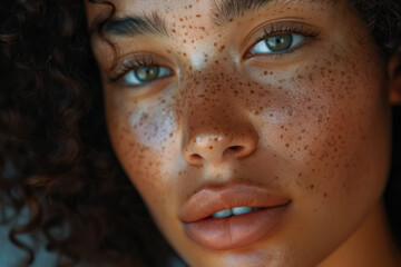 A woman with green eyes and brown hair. She has a lot of freckles on her face