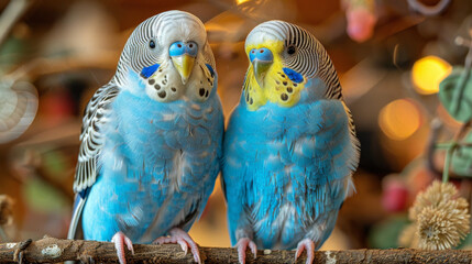 Pair of blue budgerigars perched closely in festive environment