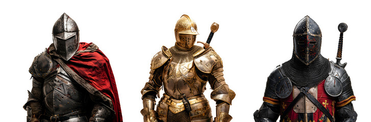 Variety of Medieval Knight Garb in Various Forms: Half-Body Armor Close-Ups, Isolated on Transparent Background, PNG