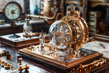 A steampunk-inspired device with brass gears and crystal resonators. It tunes into alternate realities, revealing hidden wonders ,schematic diagram - obrazy, fototapety, plakaty
