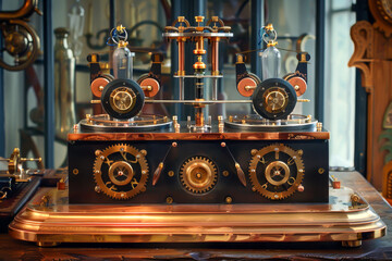 A steampunk-inspired device with brass gears and crystal resonators. It tunes into alternate realities, revealing hidden wonders ,schematic diagram - obrazy, fototapety, plakaty