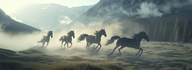 Horses, their manes of fire a testament to their power, race the wind across valleys shrouded in mystery , 3D illustration - obrazy, fototapety, plakaty