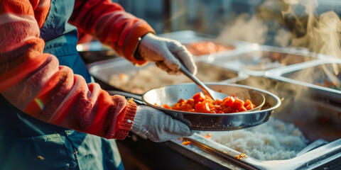A volunteer serves warm meals at a shelter, offering nourishment and compassion - obrazy, fototapety, plakaty