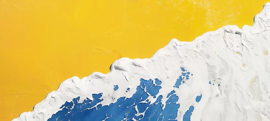 Foto op Canvas White sea foam of blue ocean wave on yellow beach sand. Brushstroke paint texture of minimalist art of top lay for copy space on text banner. Trendy, modern style seascape beach travel by Vita  © Vita