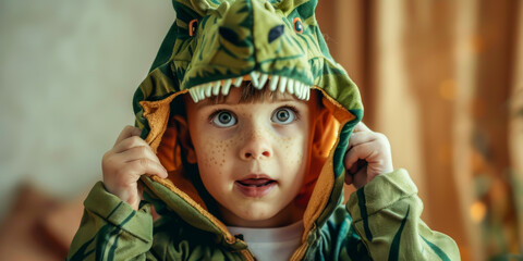 A young boy wearing a dinosaur costume, pretending to explore ancient times. ,