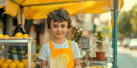 A young entrepreneur sets up a lemonade stand, proudly wearing a yellow badge