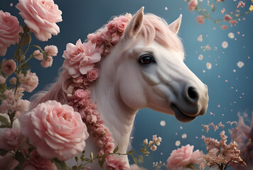 cute adorable white horse with pink mane and flowers around blue  background with flowers. Digital artwork. Ai generated - 767194673