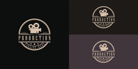 Vintage Video Camera with retro stamp Logo in soft gold color isolated on multiple background colors. The logo is suitable for movie studios or house cinema production business logo design inspiration