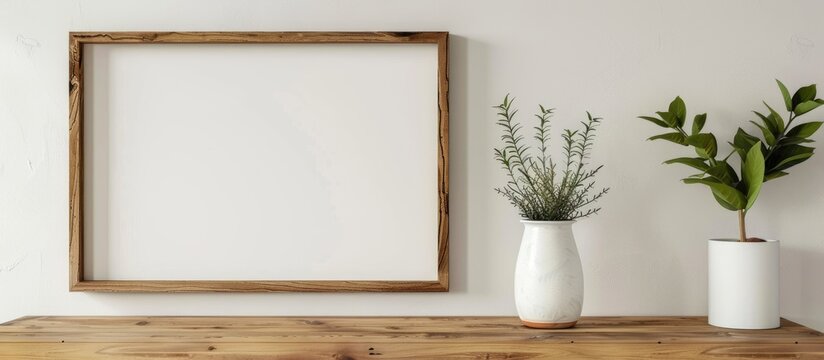 Wooden frame supporting a picture on a white wall.