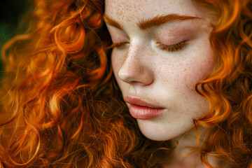 An ethereal beauty with porcelain skin and cascading auburn curls. close up, portrait, - obrazy, fototapety, plakaty