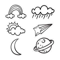 icon set doodles vector graphic design illustration of cloud, star, moon, planet, and sun