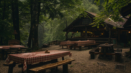 Rustic outdoor picnic area in dense forest with cabin